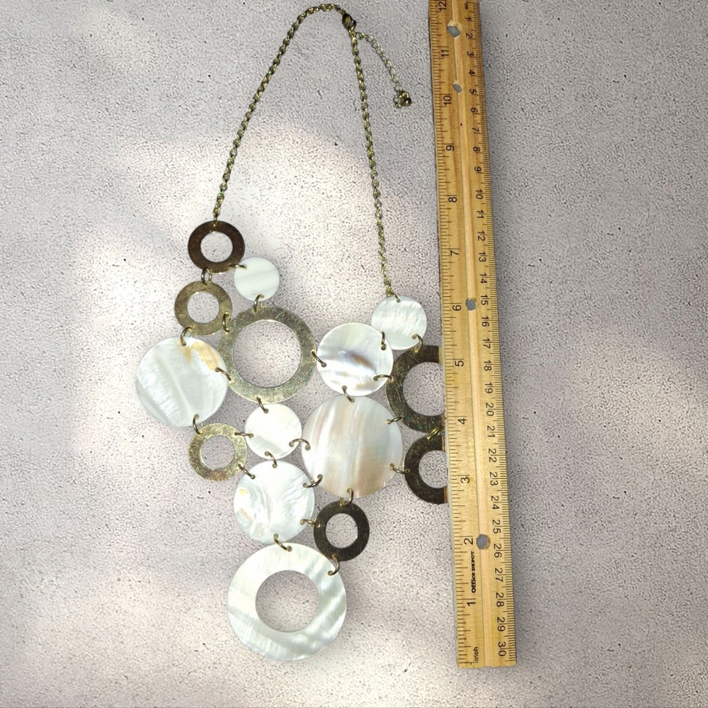 Mother Of Pearl Geometric Statement modern bib Necklace Goldtone - Picture 4 of 8